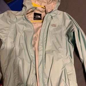 North face light blue rain jacket